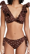 Johanna Ortiz + Net Sustain Rolling Hills Ruffled Polka-dot Bikini Top In Indian Madder.