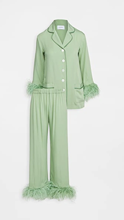 Sleeper Feather-trimmed Crepe De Chine Pajama Set In Mint
