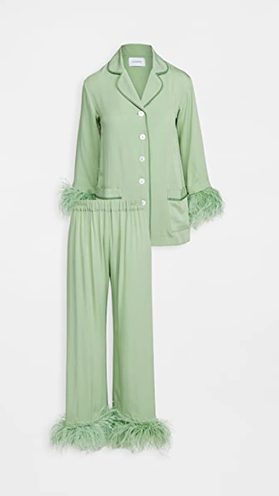 Sleeper Feather-trimmed Crepe De Chine Pyjama Set In Mint