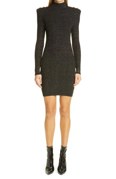 Balmain Button-embellished Metallic Ribbed-knit Turtleneck Mini Dress In Black