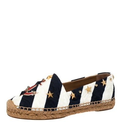 Pre-owned Dolce & Gabbana Blue/white Striped Brocade Fabric Star Studded Anchor Espadrilles Size 36 In Multicolor