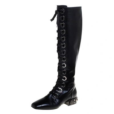 Pre-owned Dolce & Gabbana Black Leather Jackie Lace Up Knee Length Boots Size 38