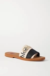 CHLOÉ WOODY LOGO-EMBROIDERED CANVAS SLIDES