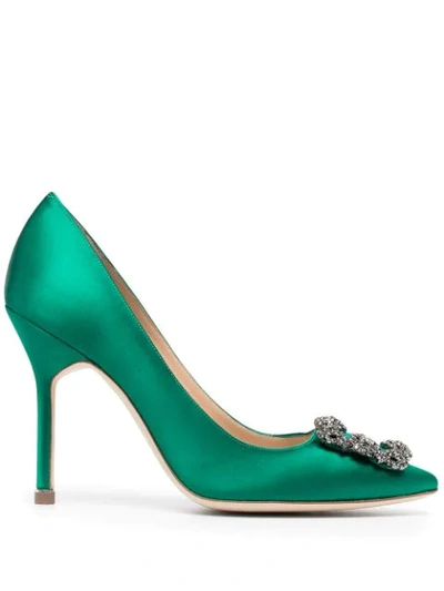 Manolo Blahnik 105毫米"hangisi"施华洛世奇水晶丝缎高跟鞋 In Green