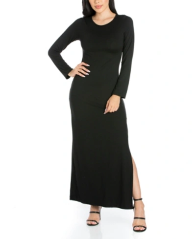 24seven Comfort Apparel Women's Long Sleeve Side Slit Fitted Maxi Dress In Black