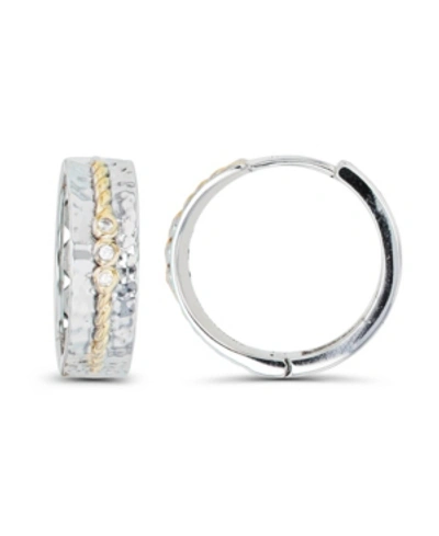 Macy's Cubic Zirconia Two-tone Hammered And Rope Design Center Hoop Earrings In White