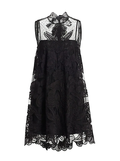 Red Valentino Floral Lace Tulle Mini Dress In Black
