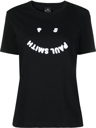 Ps By Paul Smith Ps Paul Smith Flocked Smiley Logo Crewneck T In Black