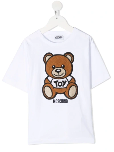 Moschino Kids' Bear Logo Patch Round Neck T-shirt In White