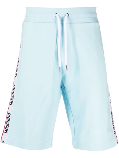 Moschino Logo-tape Drawstring-waistband Stretch-cotton Shorts In Light Blue