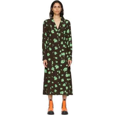 Ganni + Net Sustain Floral-print Crepe Midi Shirt Dress In Brown,green