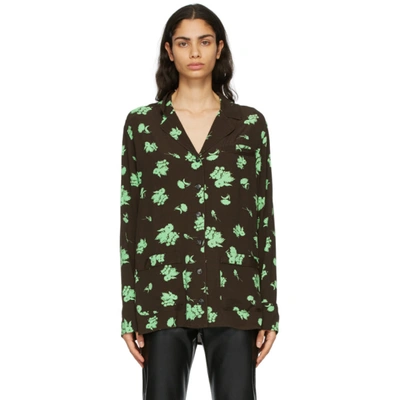 Ganni Floral-print Button-front Crepe Shirt In Brown,green