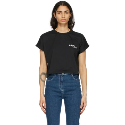 Balmain Cropped Flocked Cotton-jersey T-shirt In Black,white