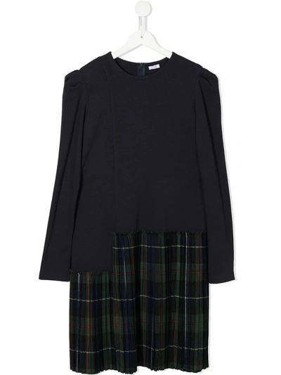 Il Gufo Teen Asymmetric Tartan-skirt Dress In Blue