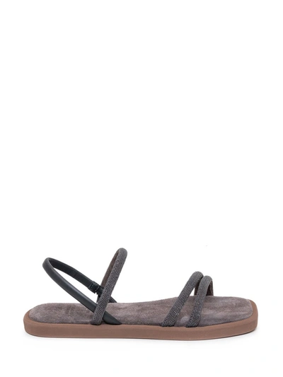 Brunello Cucinelli Monili-trimmed Suede Slingback Sandals In Black