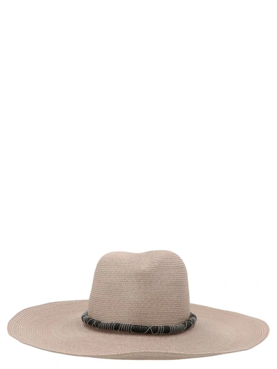 Brunello Cucinelli Woven Floppy Hat W/ Leather And Monili Banding In Neutrals