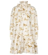 Ganni Animal Print Ruffle Collar Long Sleeve Organic Cotton Poplin Dress In White