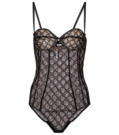 Gucci Logo Embroidery Tulle Lingerie Bodysuit In Black