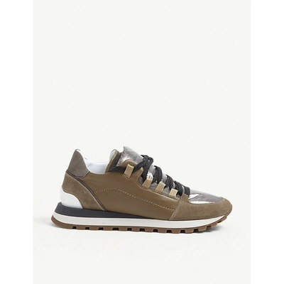 Brunello Cucinelli Metallic Mesh And Suede Mid-top Trainers In Brown