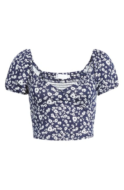 All In Favor Print Surplice Crop Top In Navy-off White Ditsy