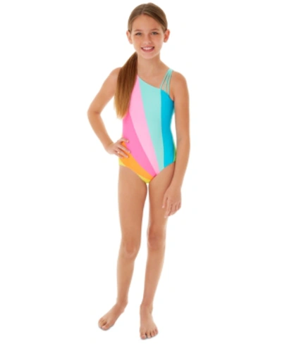 Glitter Beach Kids' Big Girls 1-pc. Rainbow One-shoulder Swim Suit In Candy Pink