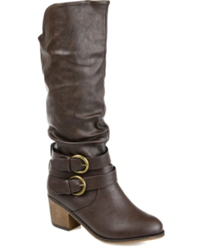 Journee Collection Women's Late Rouched Buckle Mid Shaft Block Heel Boots In Dark Brown
