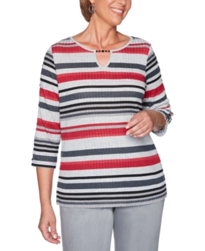 Alfred Dunner Petite Melange Stripe Knit Well Red Top In Multi