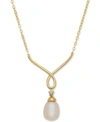 ARABELLA CULTURED FRESHWATER PEARL (9MM X 7MM) & DIAMOND ACCENT 17" PENDANT NECKLACE IN 10K GOLD