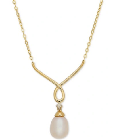 Arabella Cultured Freshwater Pearl (9mm X 7mm) & Diamond Accent 17" Pendant Necklace In 10k Gold In White