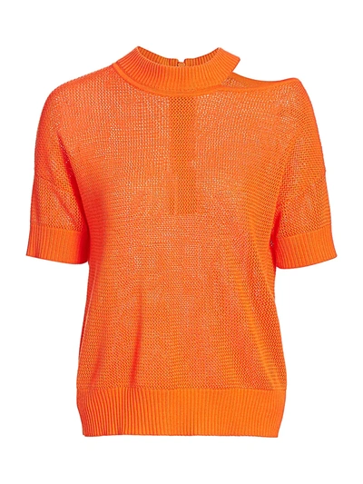 Akris Punto Women's Asymmetric Cutout Mesh Wool Short-sleeve Top In Tangerine