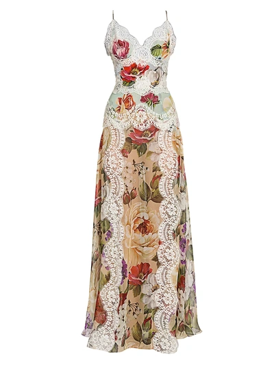 Dolce & Gabbana Women's Georgette Floral-print Lace Panel Maxi Dress In White Red