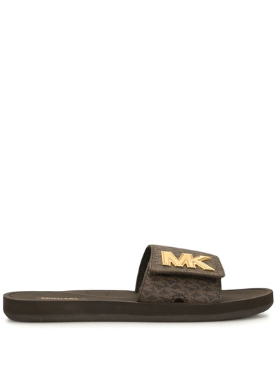 Michael Michael Kors Metallic-strap Logo Slides In Brown