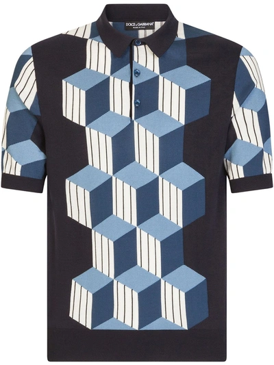 Dolce & Gabbana Geometric-pattern Short-sleeve Polo Shirt In Blue