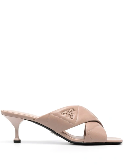Prada Cross-strap Leather Mules In Pink