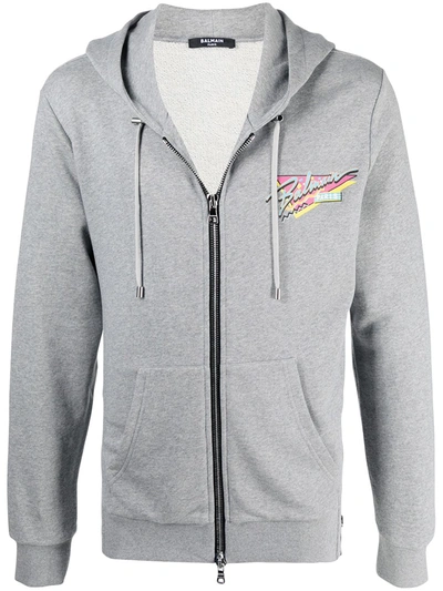 Balmain Retro Logo Print Zip Up Hoodie In Grey