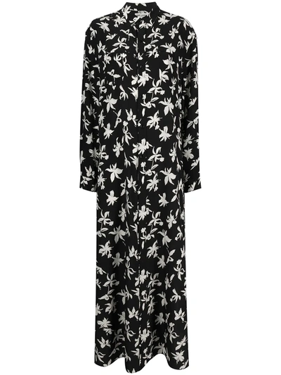 Saint Laurent Floral Print Silk Dress In Black