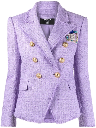 Balmain Logo-patch Tweed Jacket In Purple