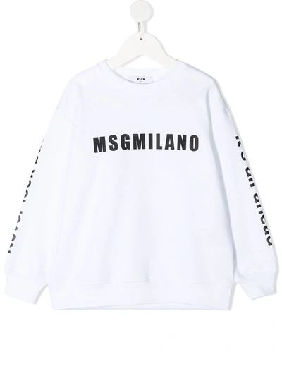 Msgm Kids' Logo Print Round Neck Sweatshirt In White