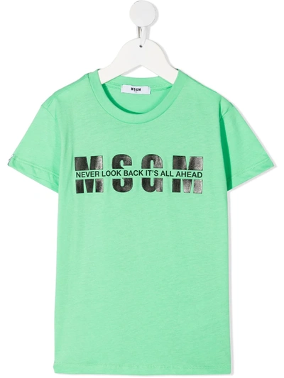 Msgm Kids' Logo Slogan Print T-shirt In Green