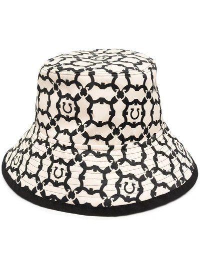Ferragamo Logo-embroidered Woven Bucket Hat In White,black