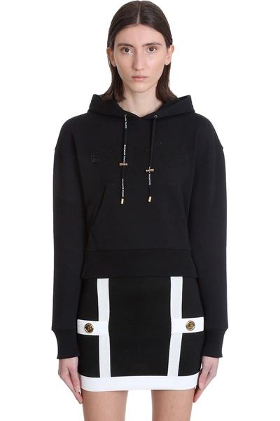 Balmain Cropped Cotton-jersey Hooded Sweatshirt In Black