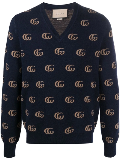 Gucci Double G Jacquard Wool V-neck Jumper In Blue