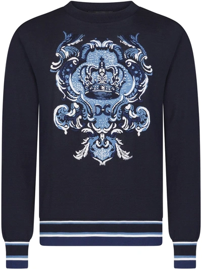 Dolce & Gabbana Round-neck Silk Sweater With Intarsia And Dg Logo In Black