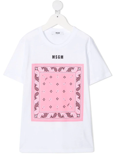 Msgm Teen Paisley-print Cotton T-shirt In Bianco/rosa