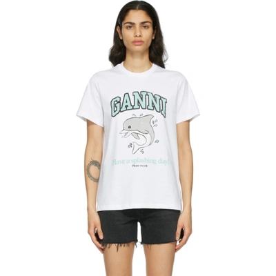 Ganni Dolphin Graphic Print Crewneck T-shirt In White