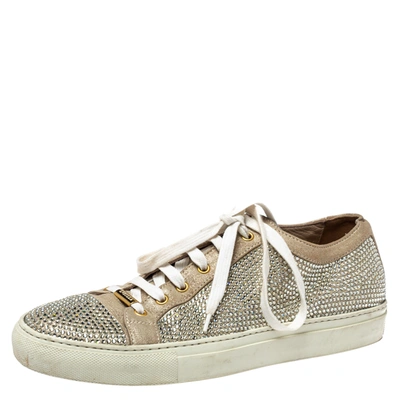 Pre-owned Le Silla Metallic Beige Crystal Embellished Suede Low Top Trainers Size 41