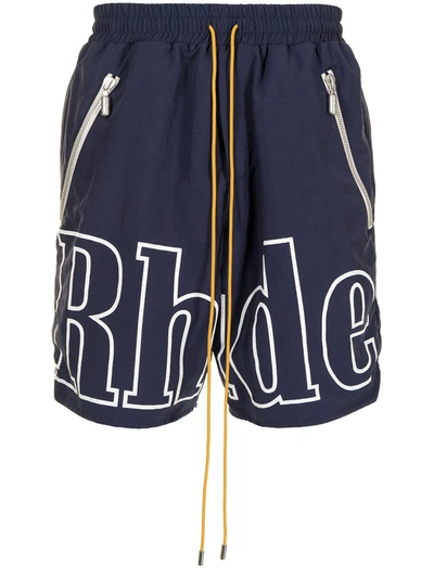 Rhude Logo Print Casual Shorts In Blue