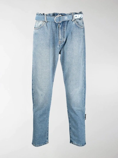Off-white Logo-print Belted-waist Denim Jeans In Blue