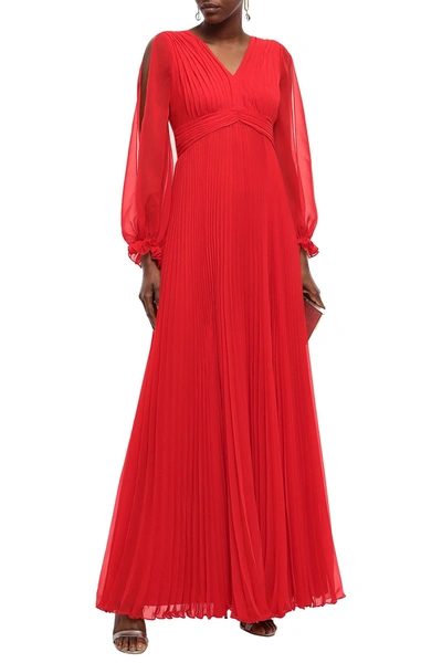 Mikael Aghal Cutout Pleated Chiffon Gown In Red