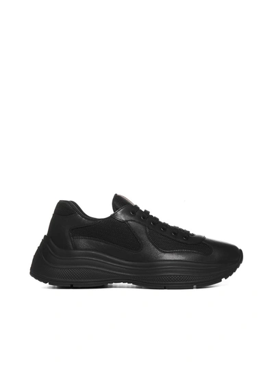 Prada America's Cup Leather And Mesh Sneakers In Nero